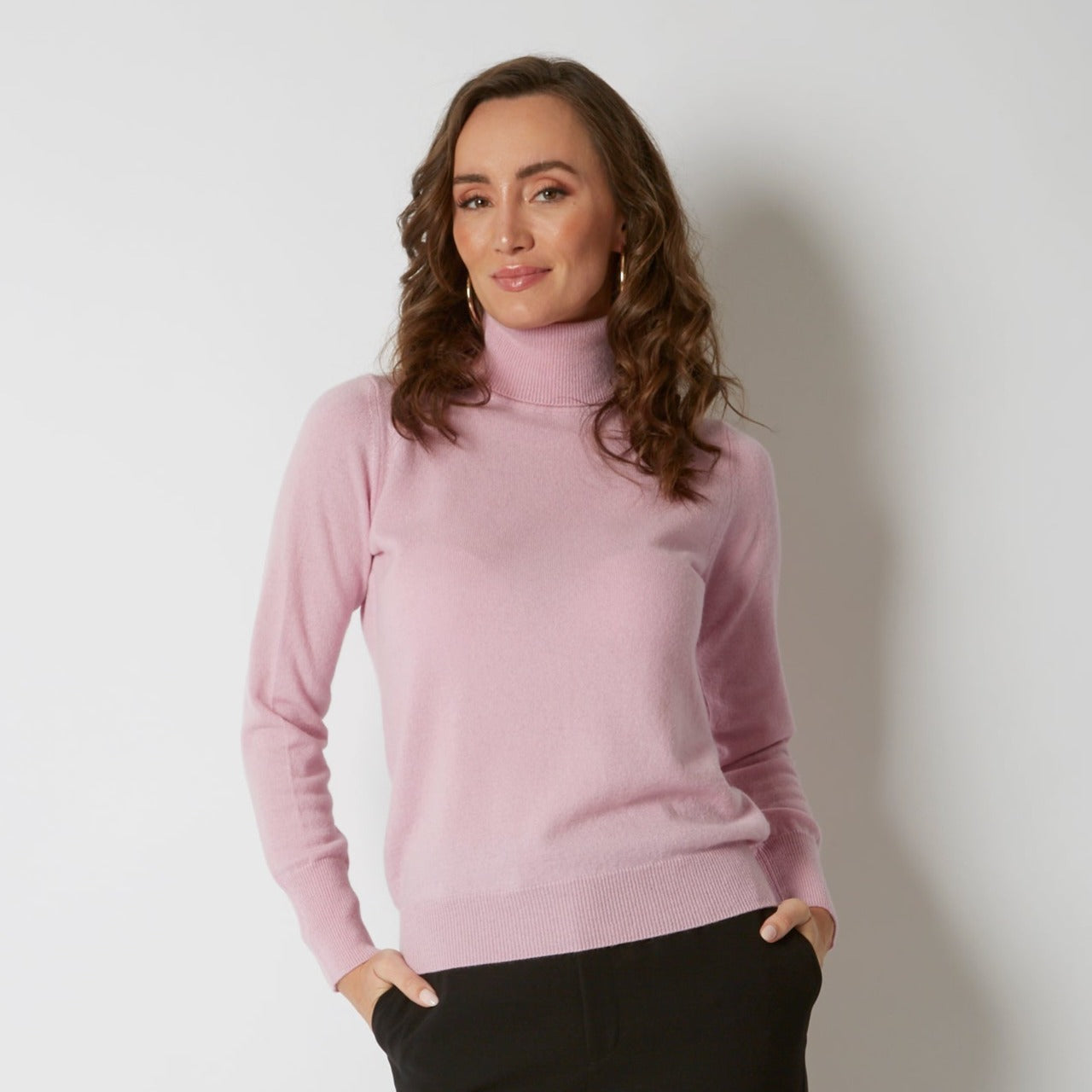 100% CASHMERE BLUSH PINK ROLL NECK