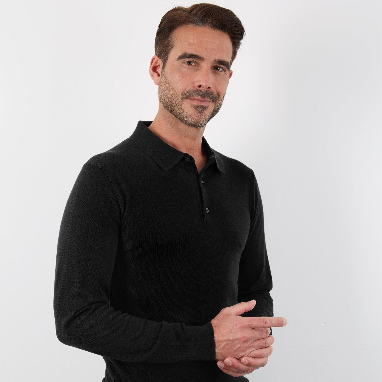100% MERINO SLIM FIT BLACK LONG SLEEVE BUTTON POLO