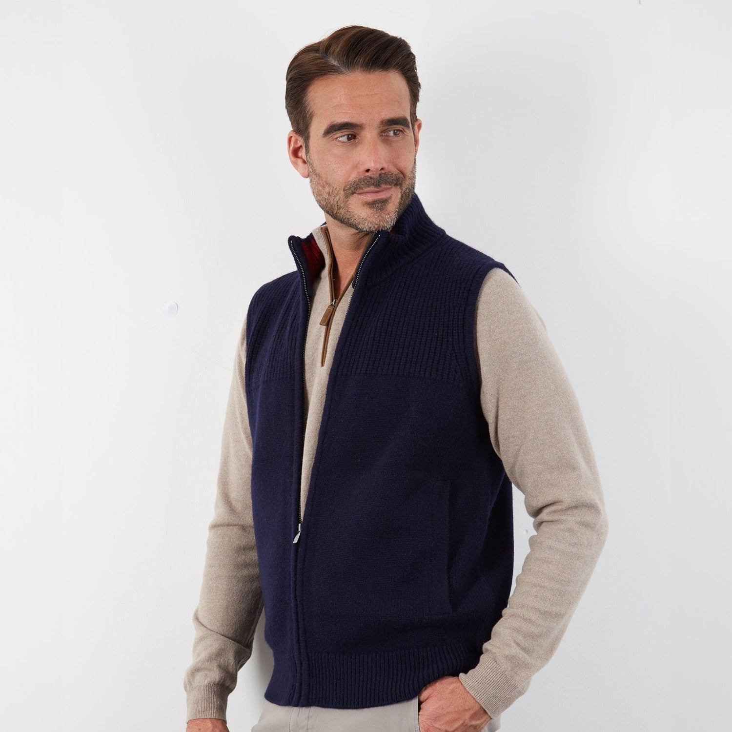 100% MERINO WOOL NAVY RIB FULL ZIP GILET