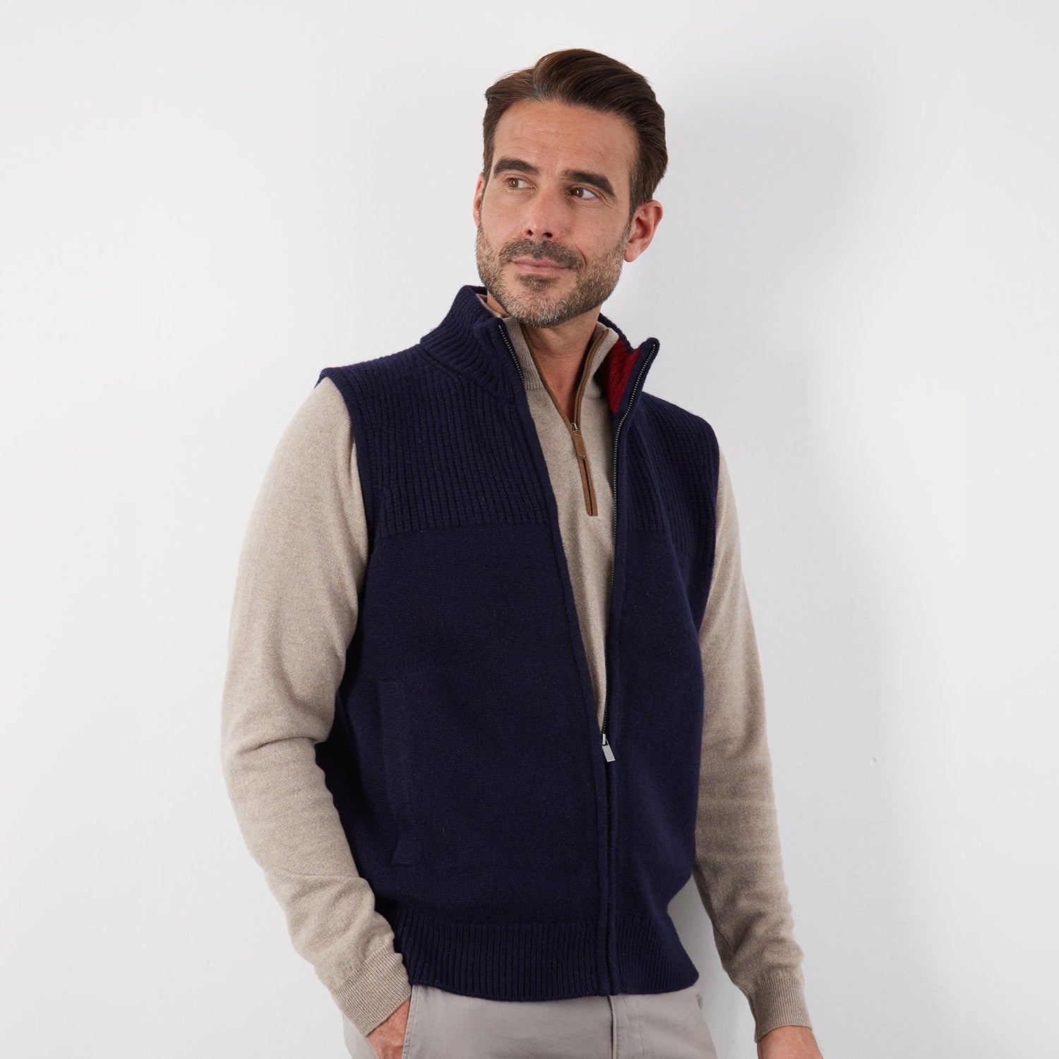100% MERINO WOOL NAVY RIB FULL ZIP GILET