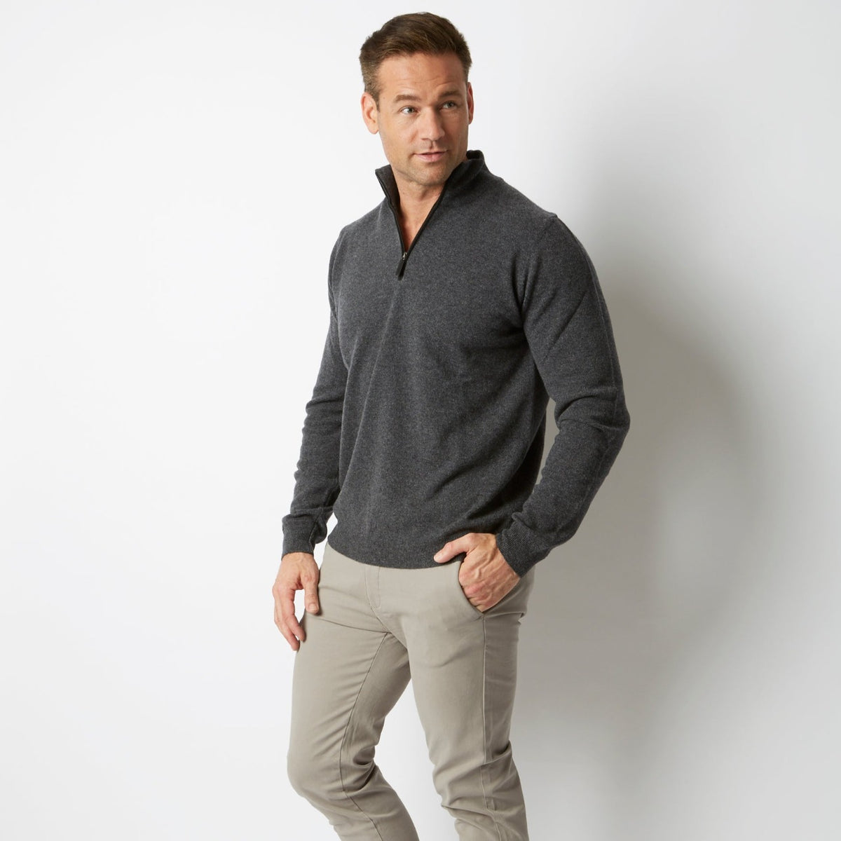 CHARCOAL CASHMERE MERINO WITH ALCANTARA HALF ZIP