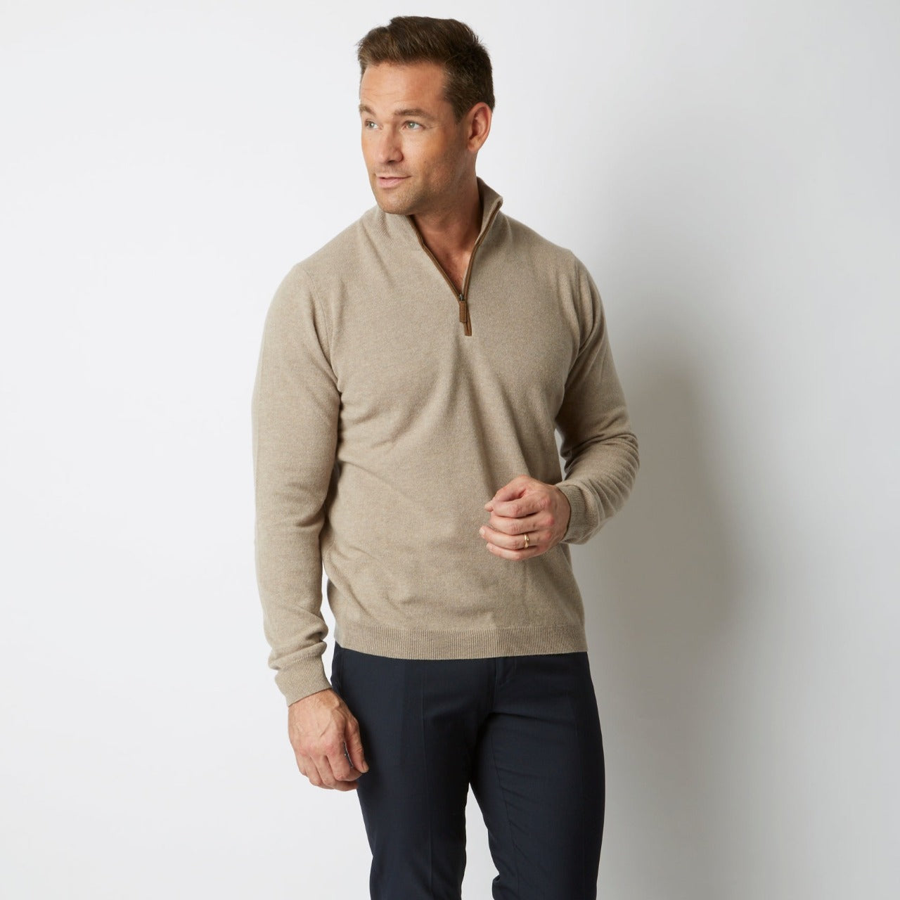 TOAST CASHMERE MERINO WITH ALCANTARA HALF ZIP