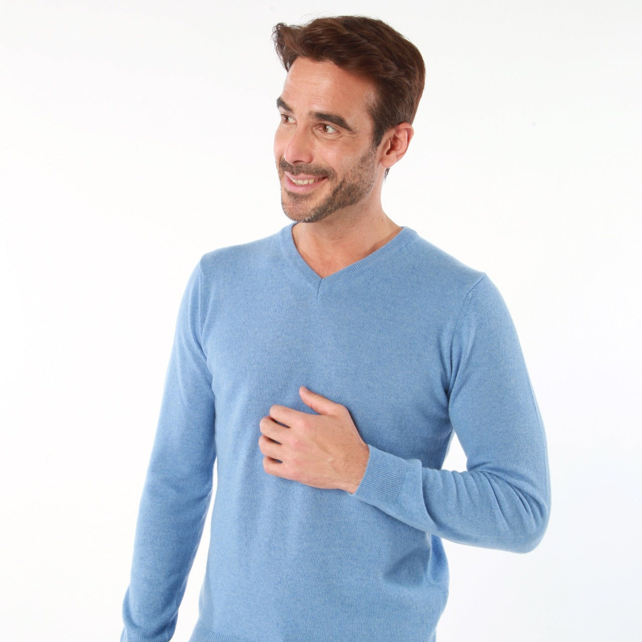 100% CASHMERE MID BLUE V NECK