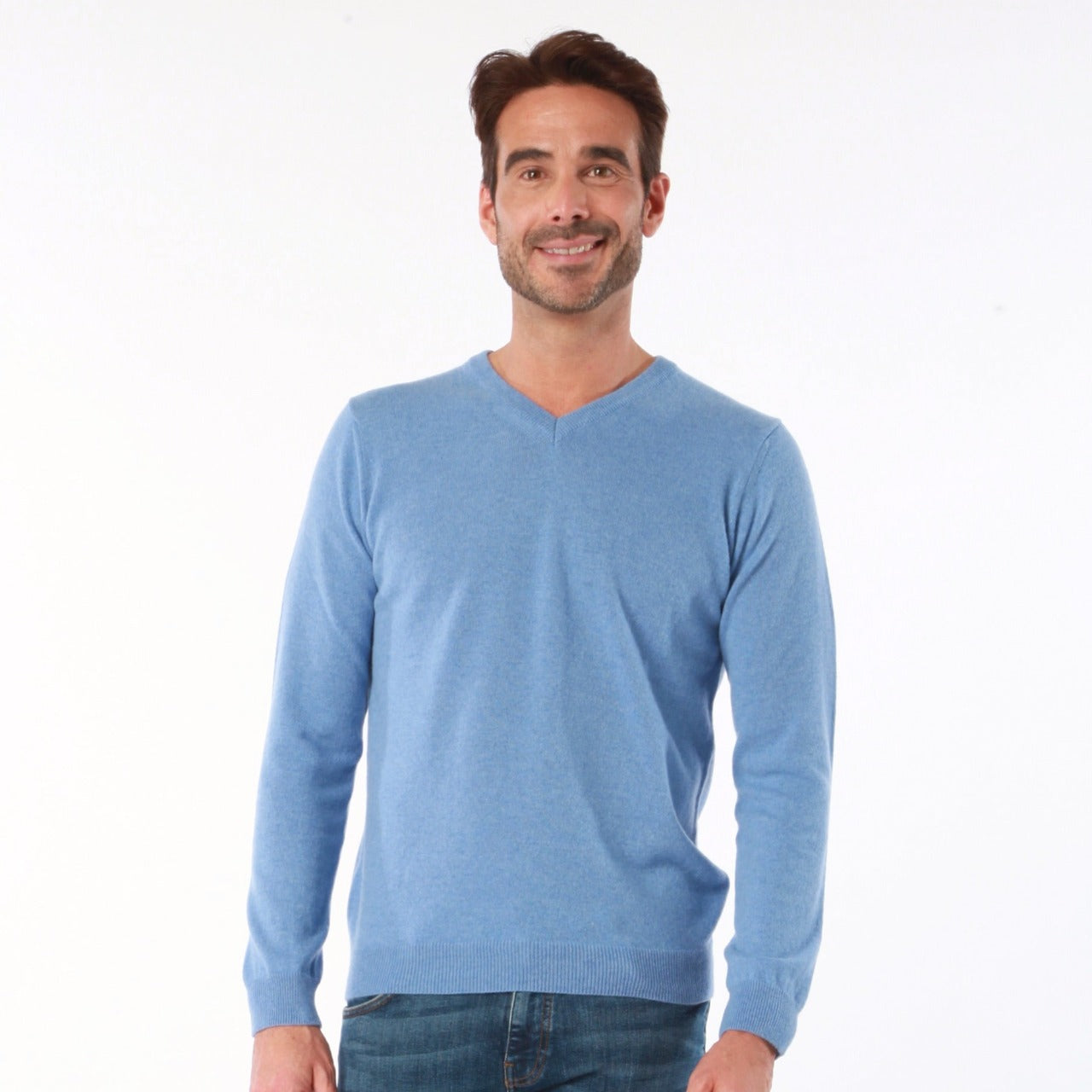 100% CASHMERE MID BLUE V NECK