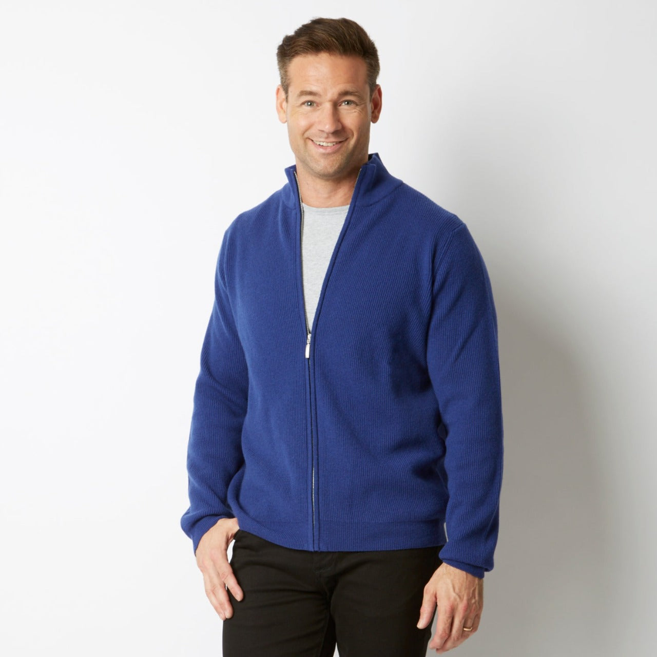 CASHMERE / MERINO AZZURRO BLUE RIB FULL ZIP