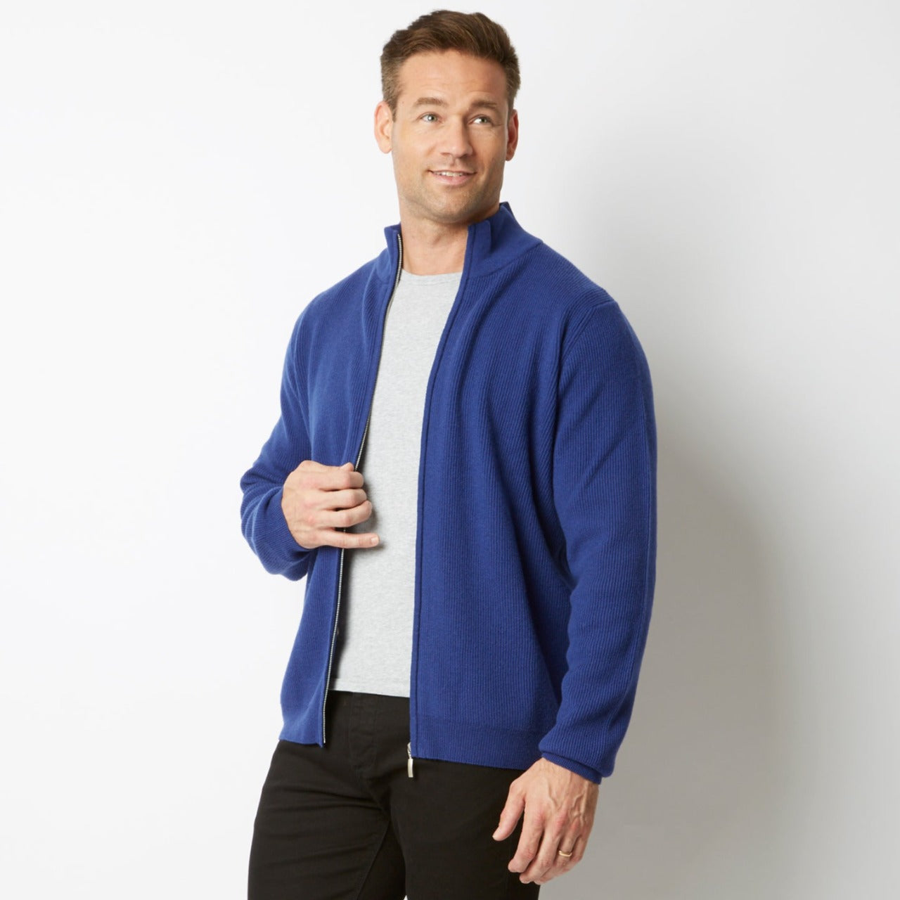 CASHMERE / MERINO AZZURRO BLUE RIB FULL ZIP