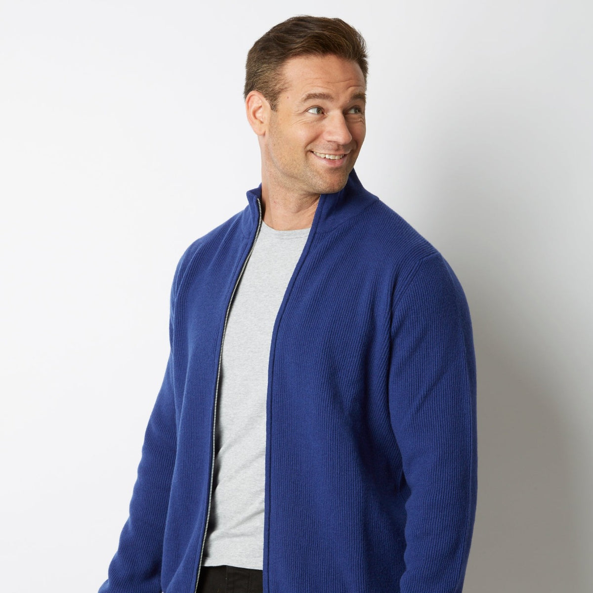 CASHMERE / MERINO AZZURRO BLUE RIB FULL ZIP