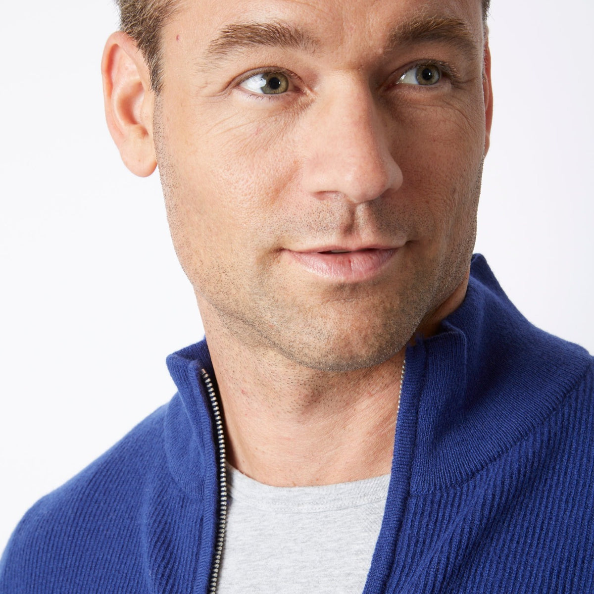 CASHMERE / MERINO AZZURRO BLUE RIB FULL ZIP