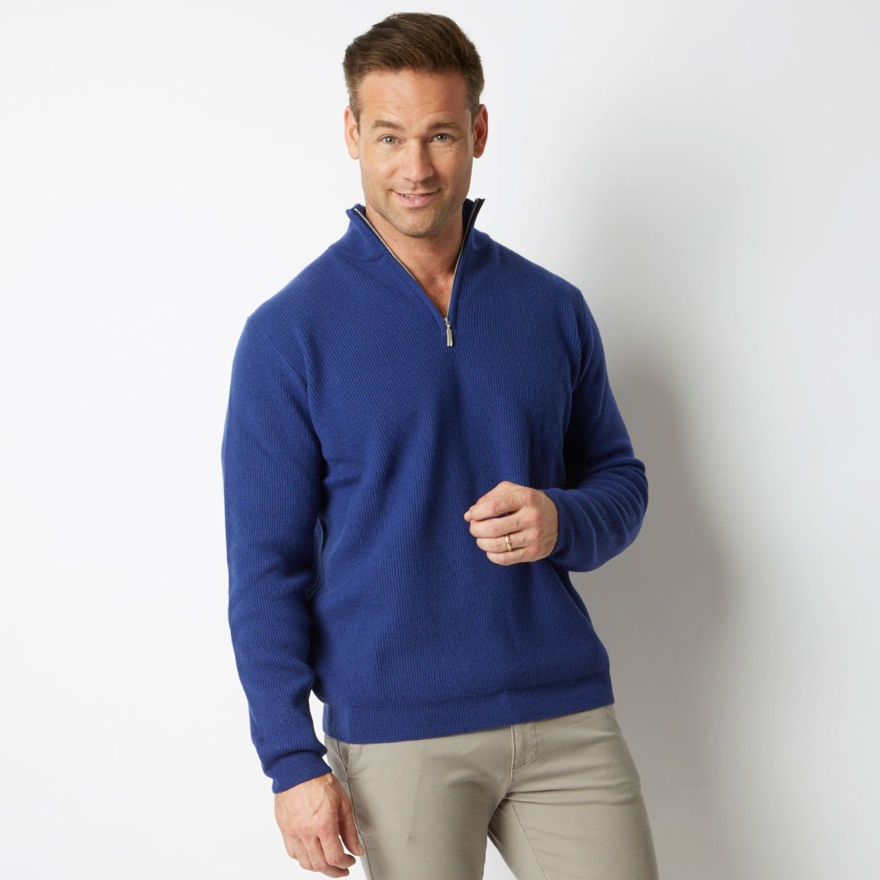CASHMERE MERINO AZZURRO BLUE RIB HALF ZIP