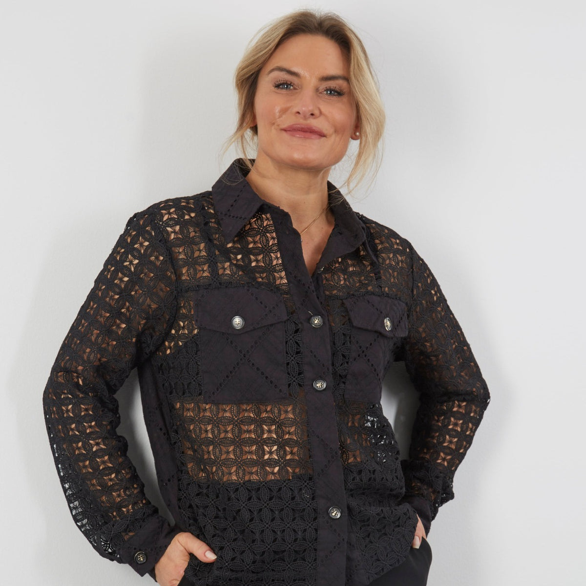 BLACK LACE TWO POCKET SHIRT