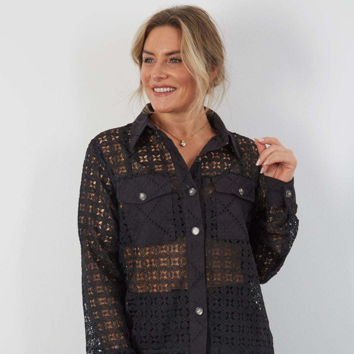 BLACK LACE TWO POCKET SHIRT
