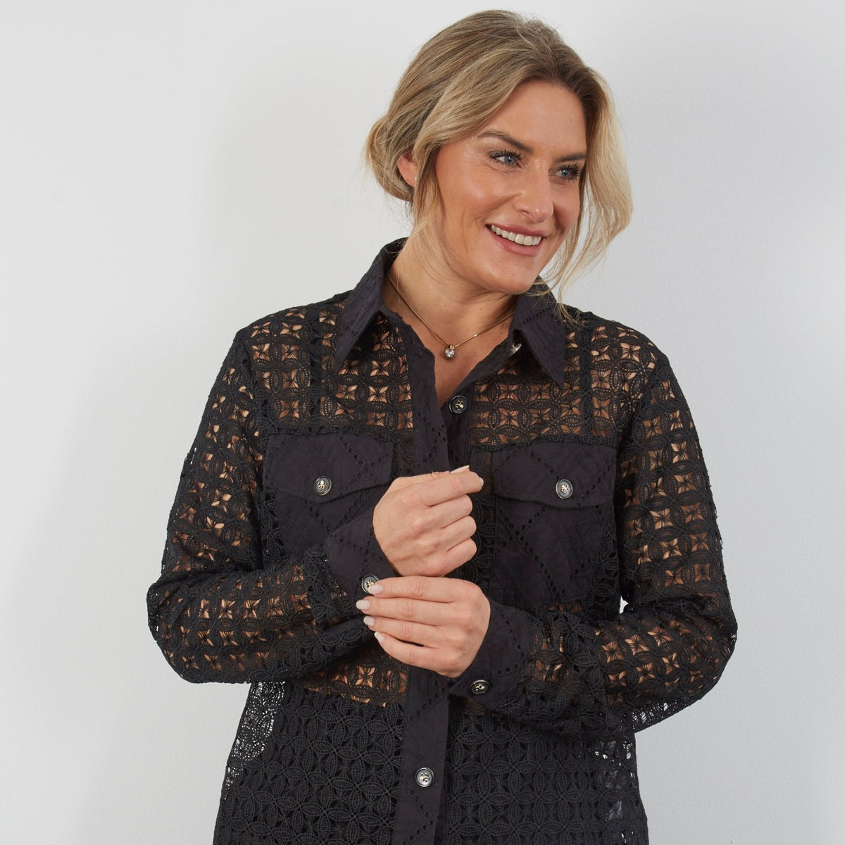 BLACK LACE TWO POCKET SHIRT