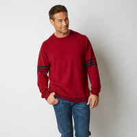 100% CASHMERE CHERRY RED / NAVY STRIPED SLEEVE CREW