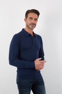 100% MERINO NAVY LONG SLEEVE BUTTON POLO