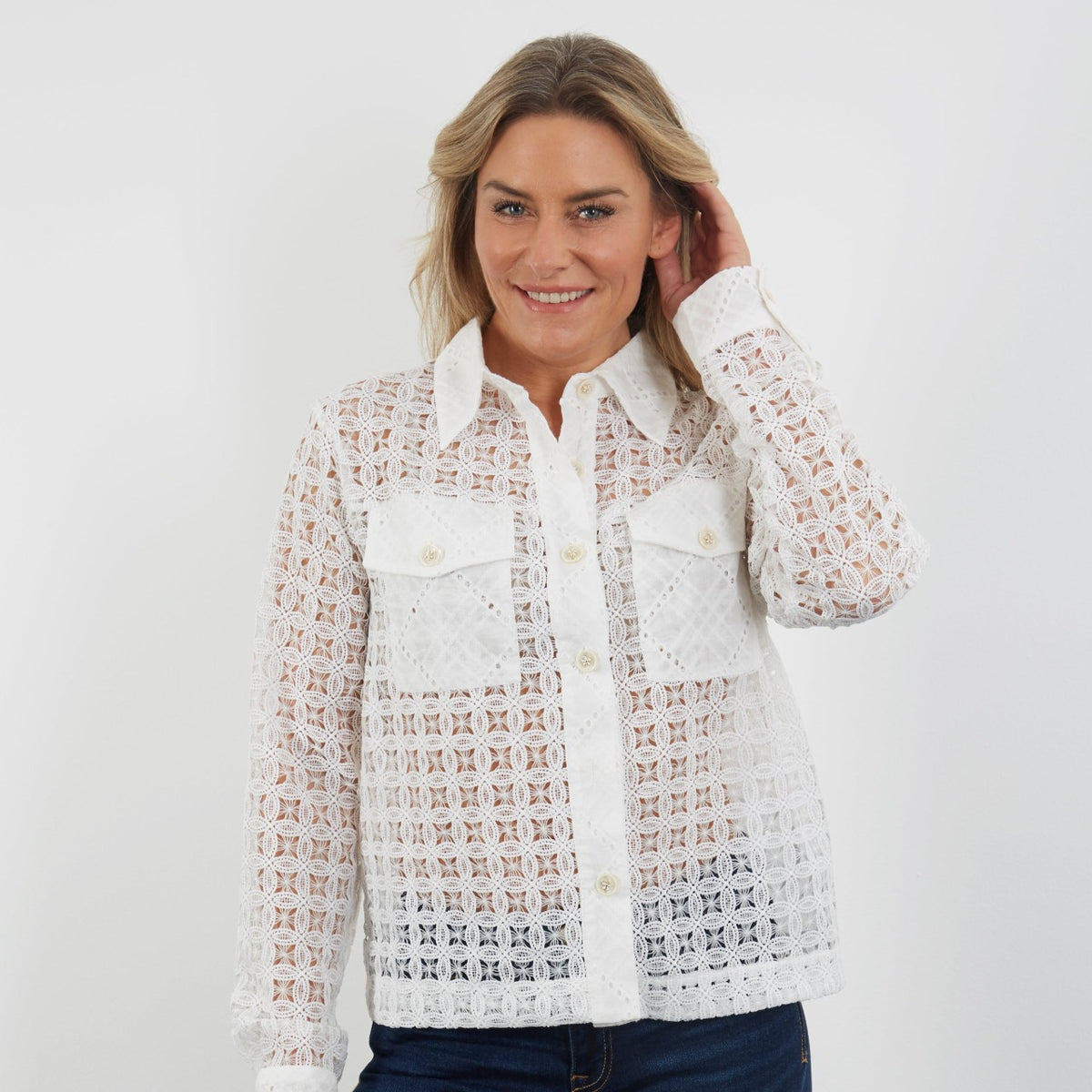 WHITE LACE TWO POCKET SHIRT