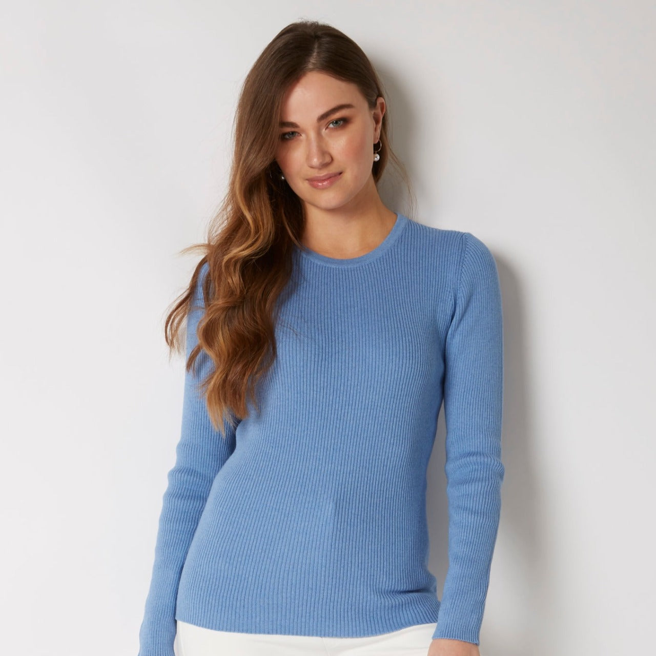 COTTON CASHMERE CARIBBEAN BLUE RIB CREW
