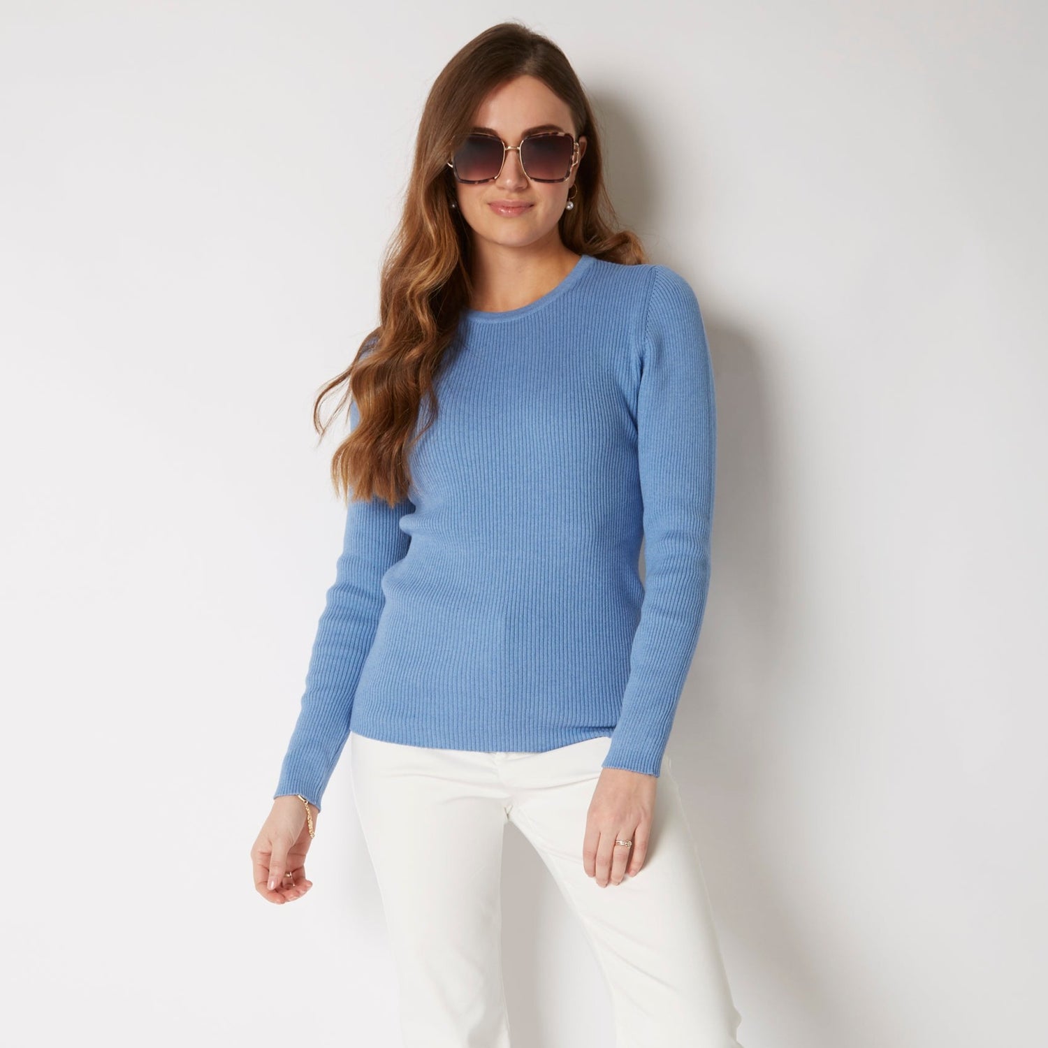 COTTON CASHMERE CARIBBEAN BLUE RIB CREW