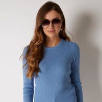 COTTON CASHMERE CARIBBEAN BLUE RIB CREW