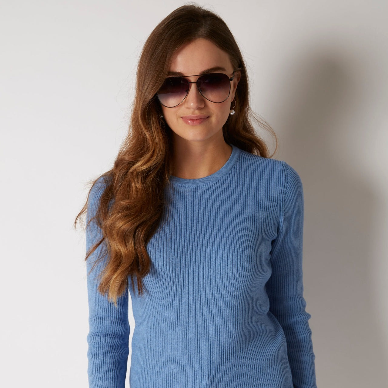 COTTON CASHMERE CARIBBEAN BLUE RIB CREW