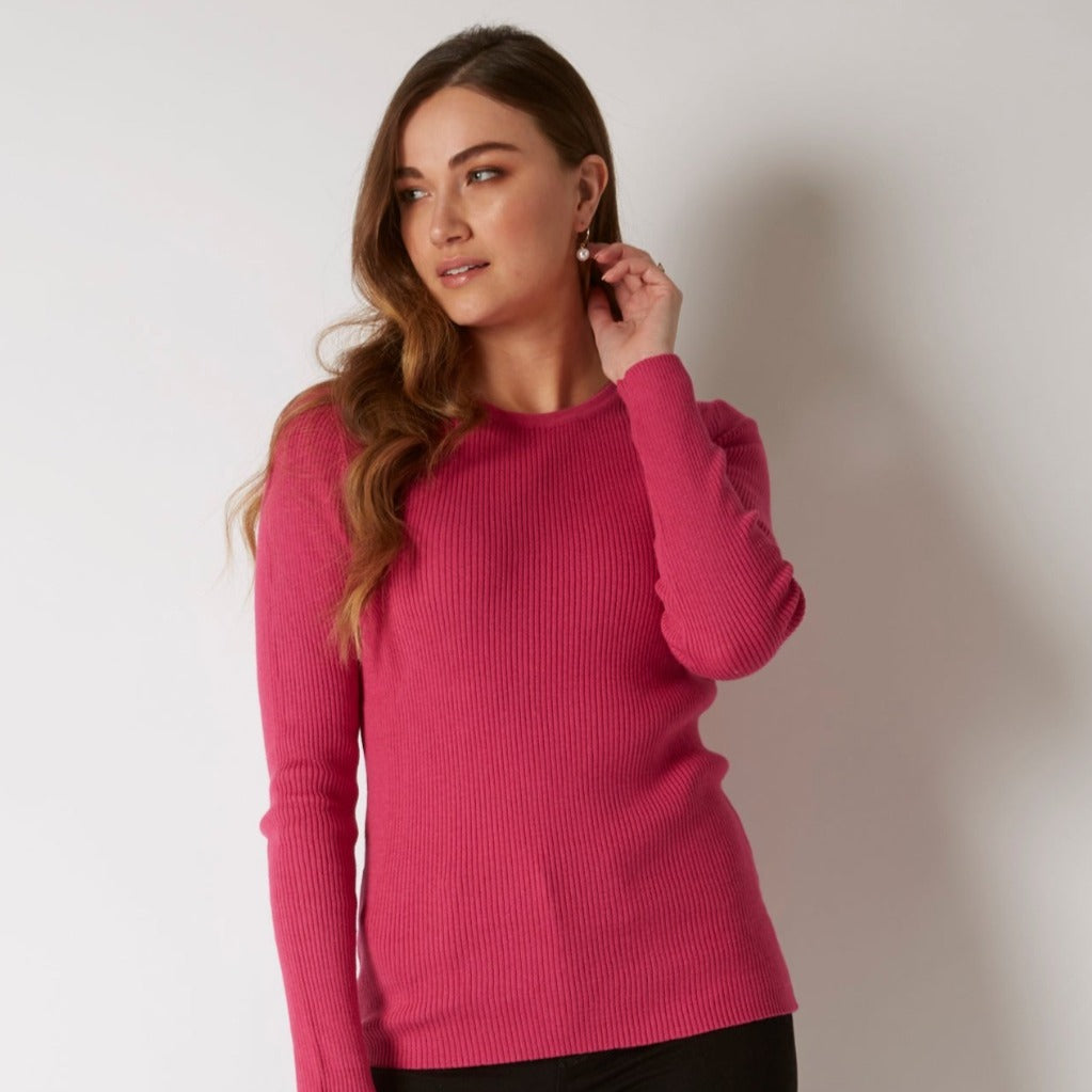 COTTON CASHMERE CERISE RIB CREW