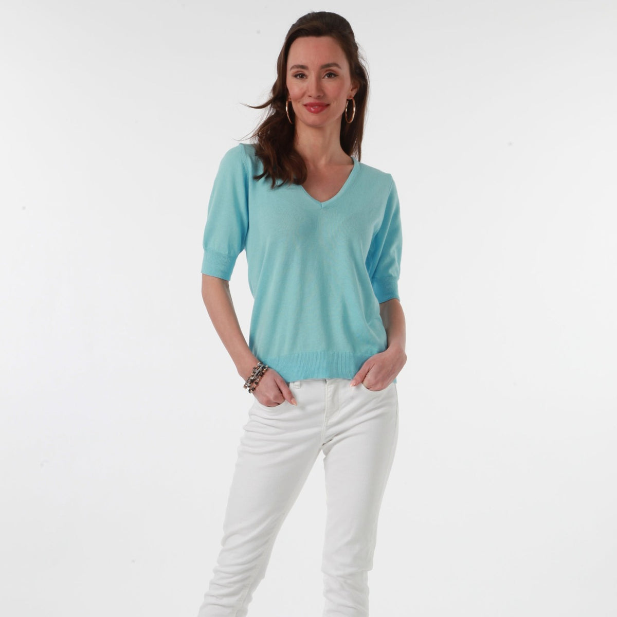 100% PIMA COTTON BLUE LAGUNA SHORT SLEEVE V NECK