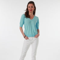 100% PIMA COTTON BLUE LAGUNA SHORT SLEEVE V NECK
