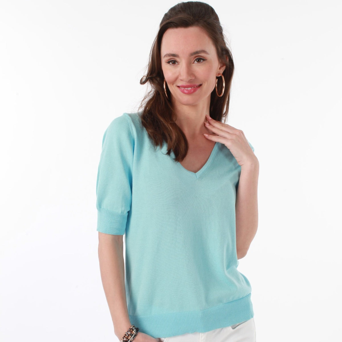 100% PIMA COTTON BLUE LAGUNA SHORT SLEEVE V NECK