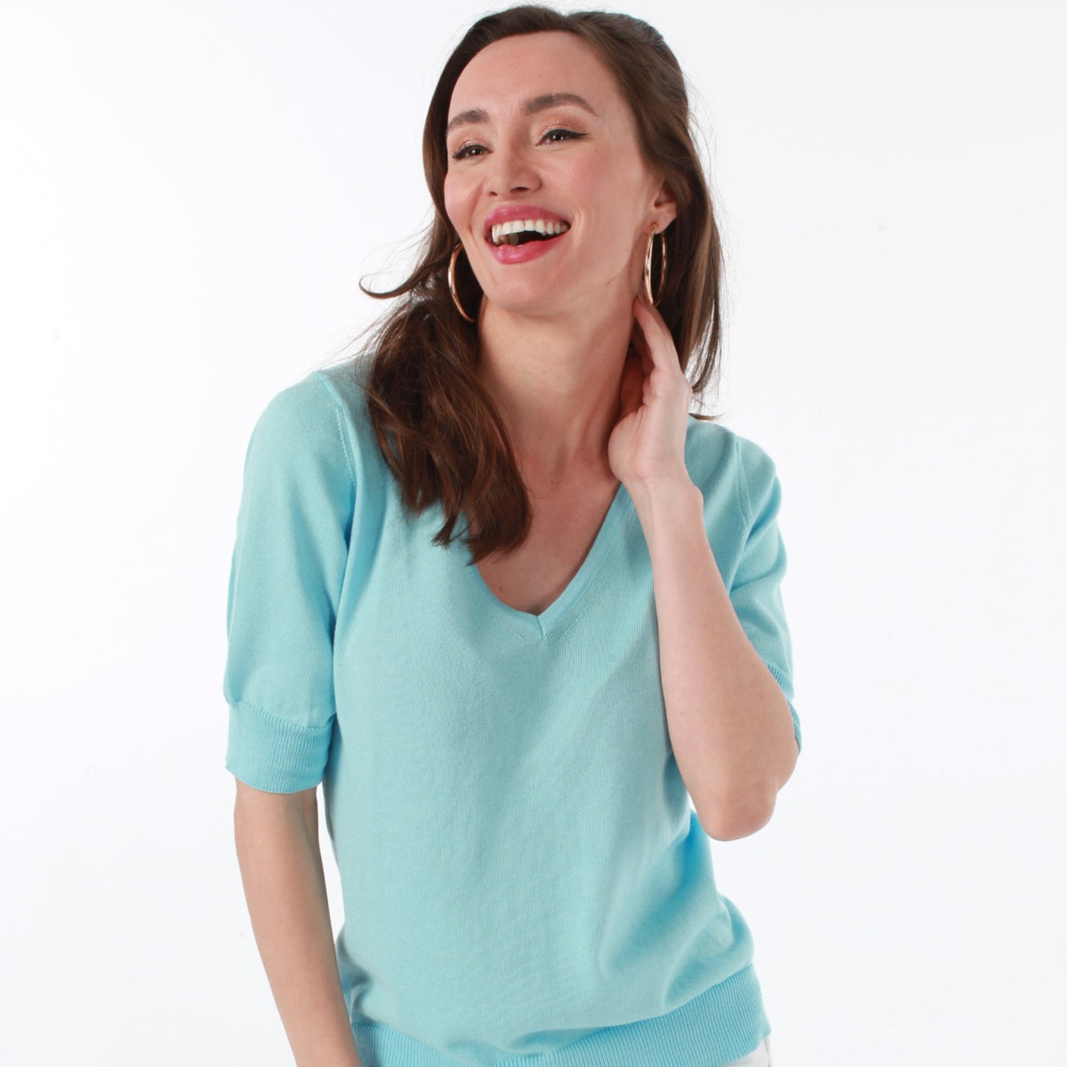 100% PIMA COTTON BLUE LAGUNA SHORT SLEEVE V NECK