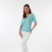 100% PIMA COTTON BLUE LAGUNA SHORT SLEEVE V NECK