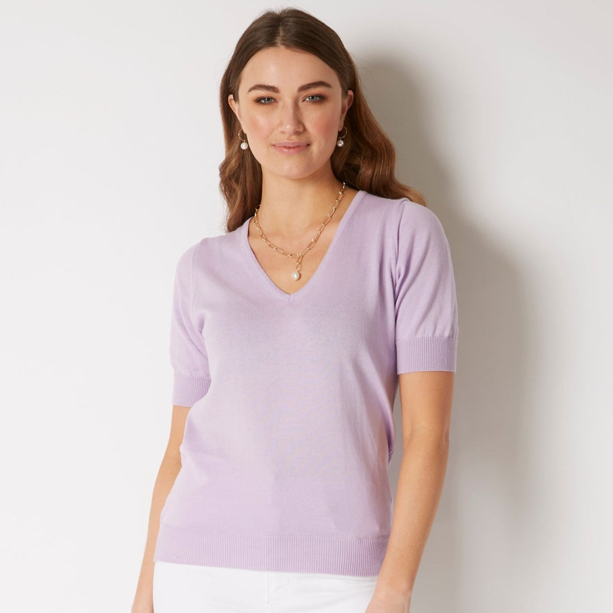 100% PIMA COTTON LILAC SHORT SLEEVE V NECK