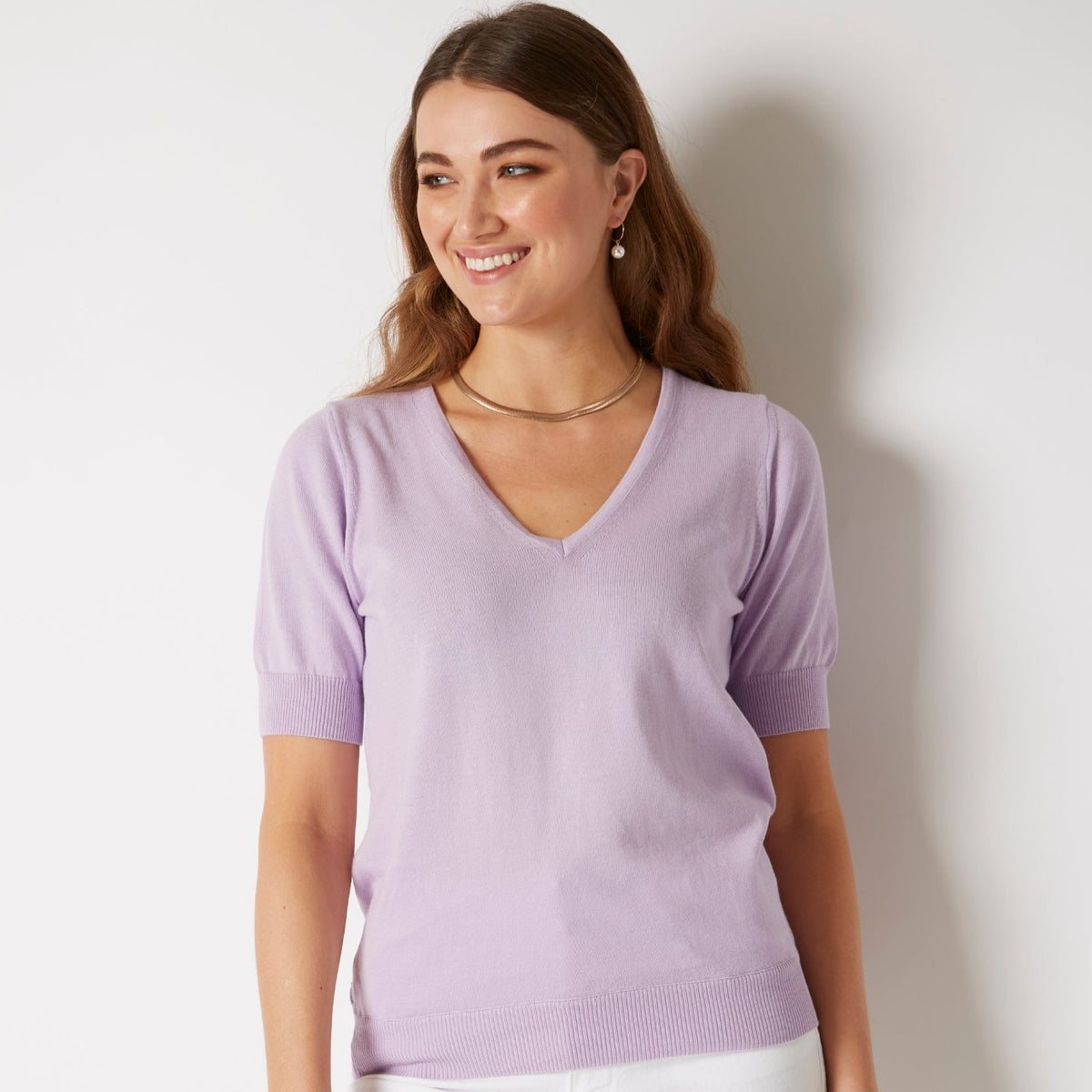 100% PIMA COTTON LILAC SHORT SLEEVE V NECK