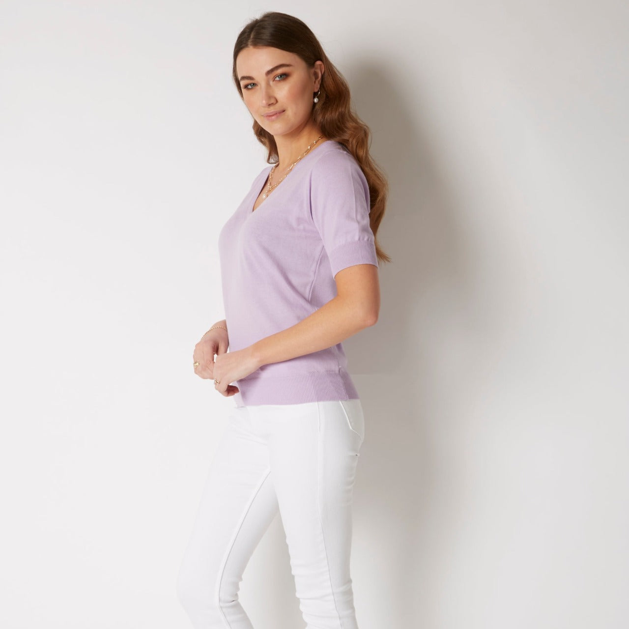 100% PIMA COTTON LILAC SHORT SLEEVE V NECK