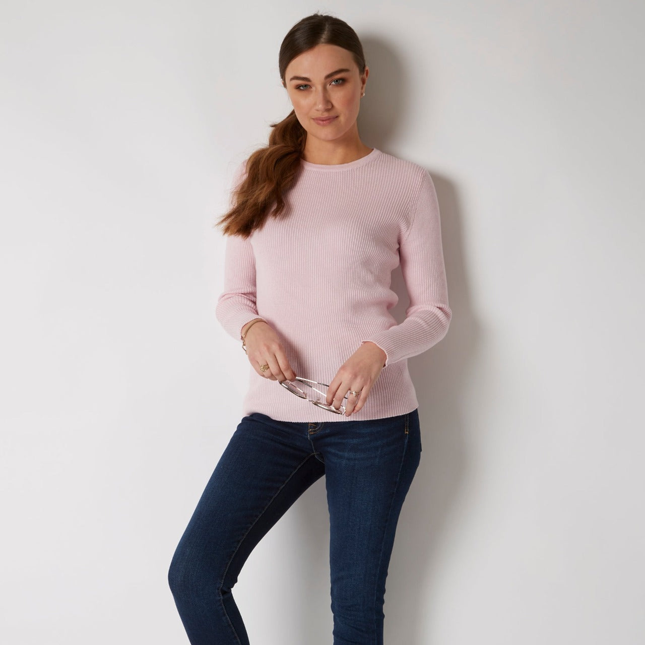 COTTON CASHMERE PALE PINK RIB CREW