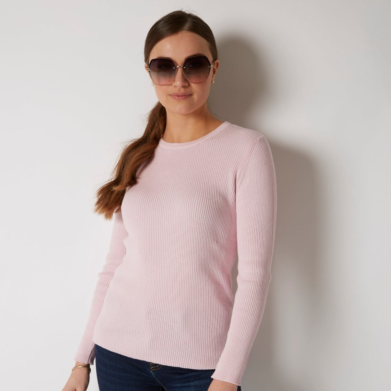 COTTON CASHMERE PALE PINK RIB CREW