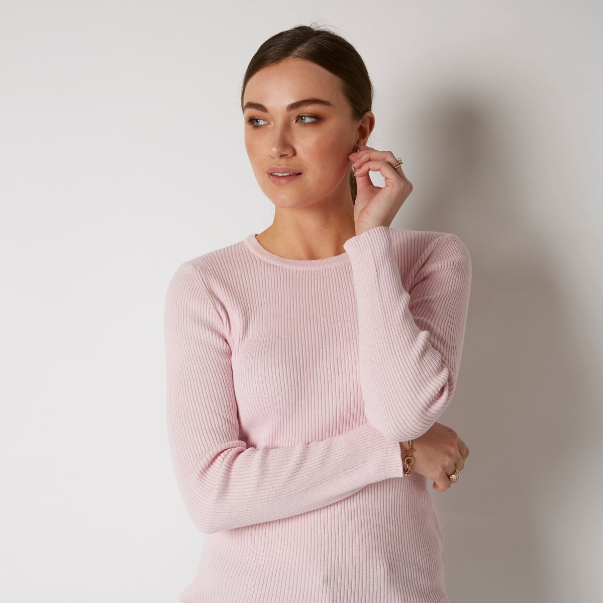 COTTON CASHMERE PALE PINK RIB CREW
