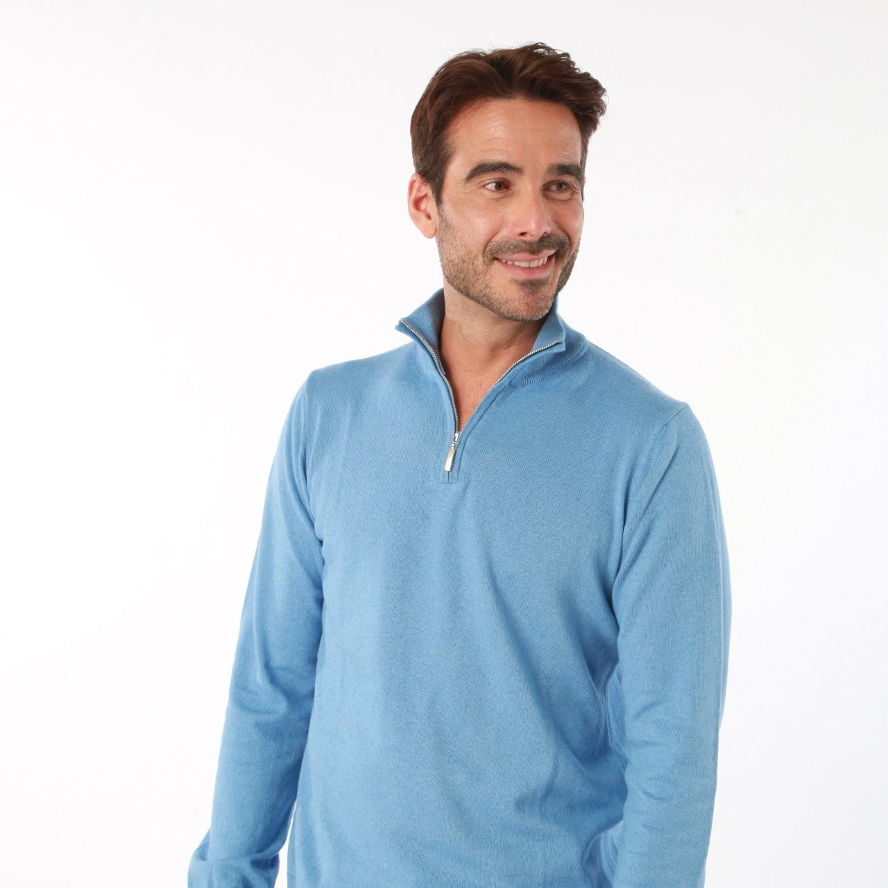 COTTON CASHMERE SEA BLUE HALF ZIP