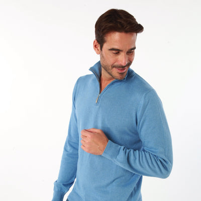 COTTON CASHMERE SEA BLUE HALF ZIP