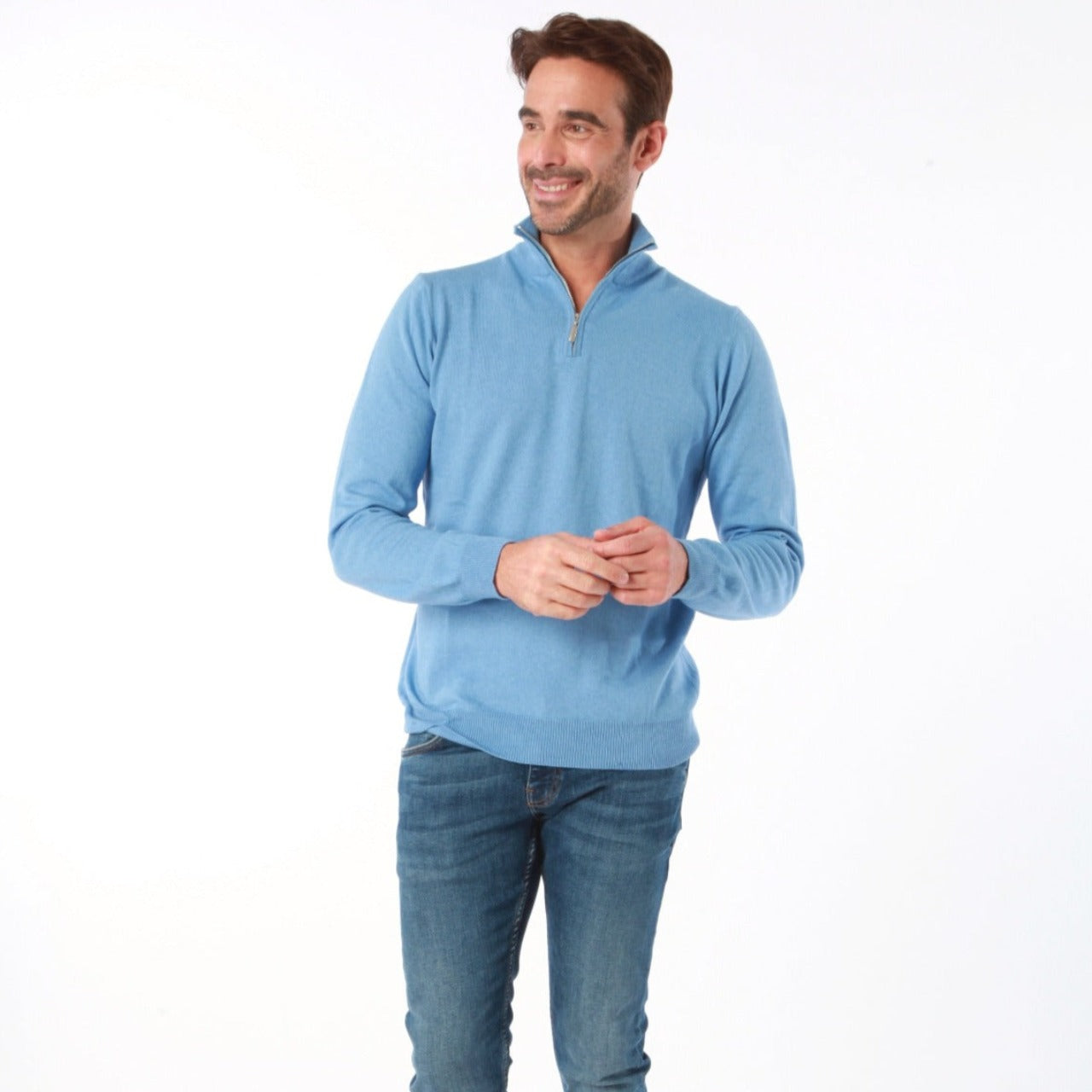 COTTON CASHMERE SEA BLUE HALF ZIP