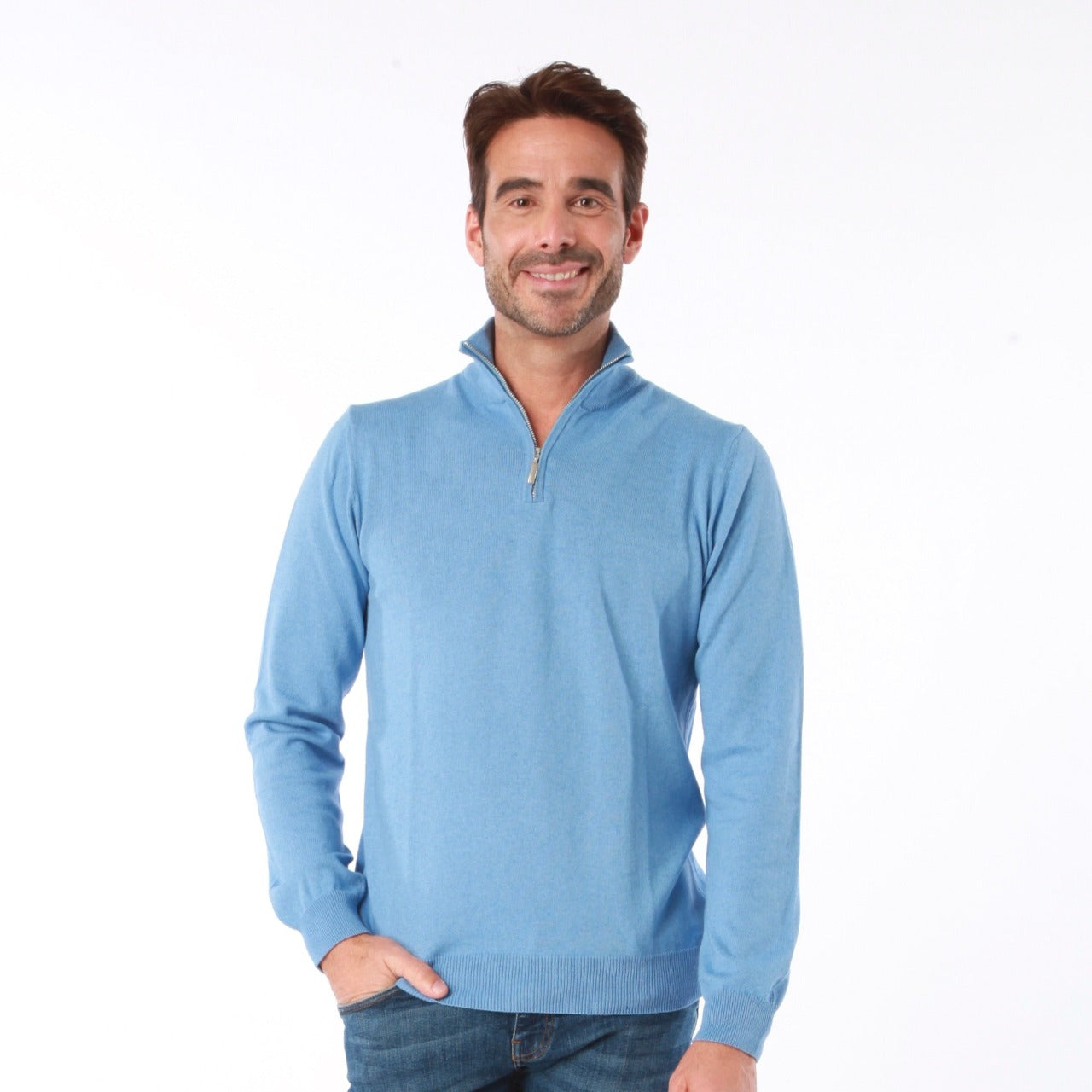 COTTON CASHMERE SEA BLUE HALF ZIP