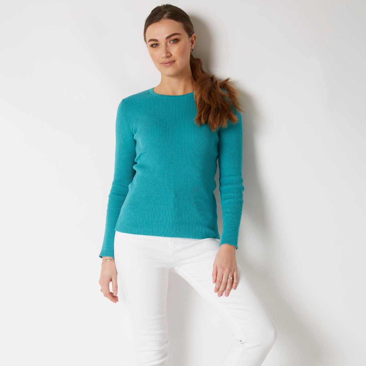 COTTON CASHMERE TURQUOISE RIB CREW