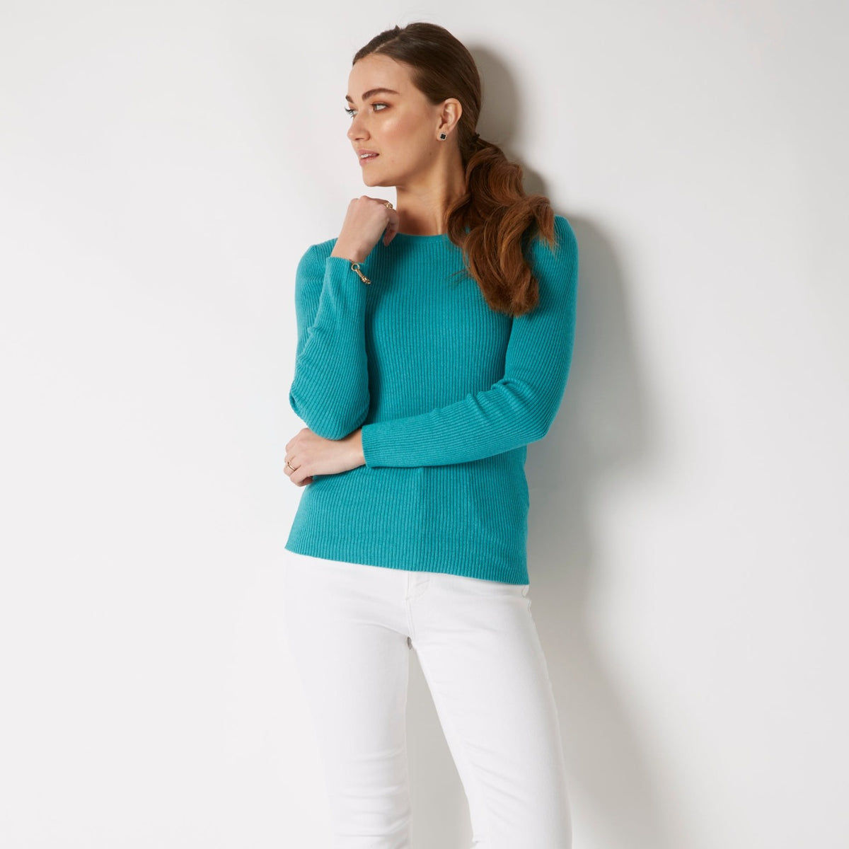 COTTON CASHMERE TURQUOISE RIB CREW