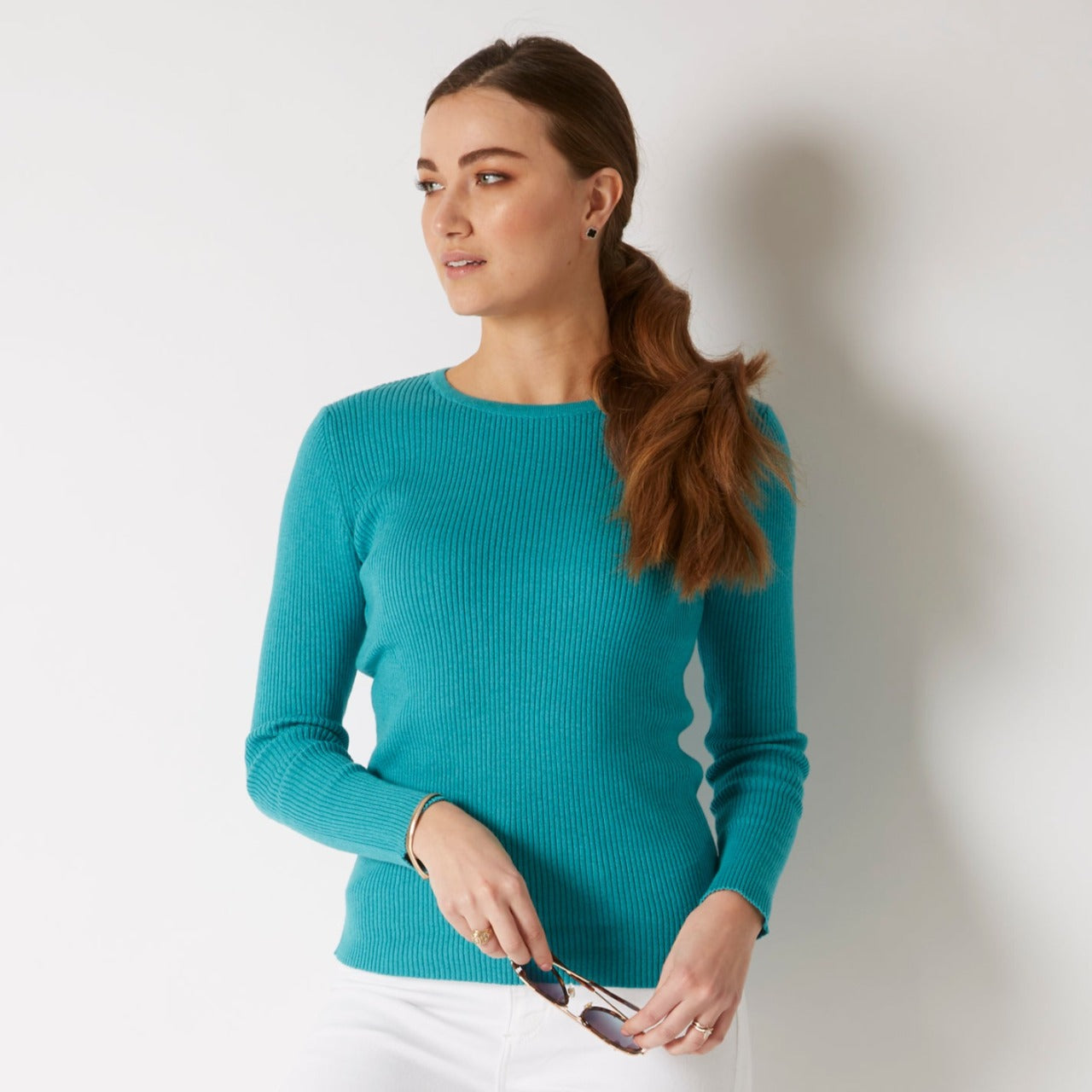 COTTON CASHMERE TURQUOISE RIB CREW