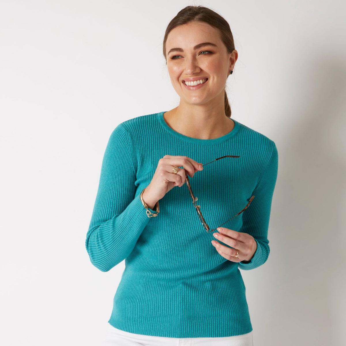 COTTON CASHMERE TURQUOISE RIB CREW
