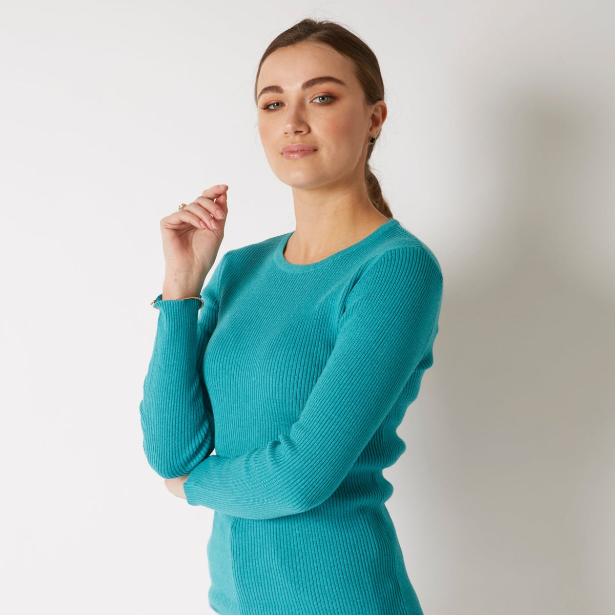 COTTON CASHMERE TURQUOISE RIB CREW
