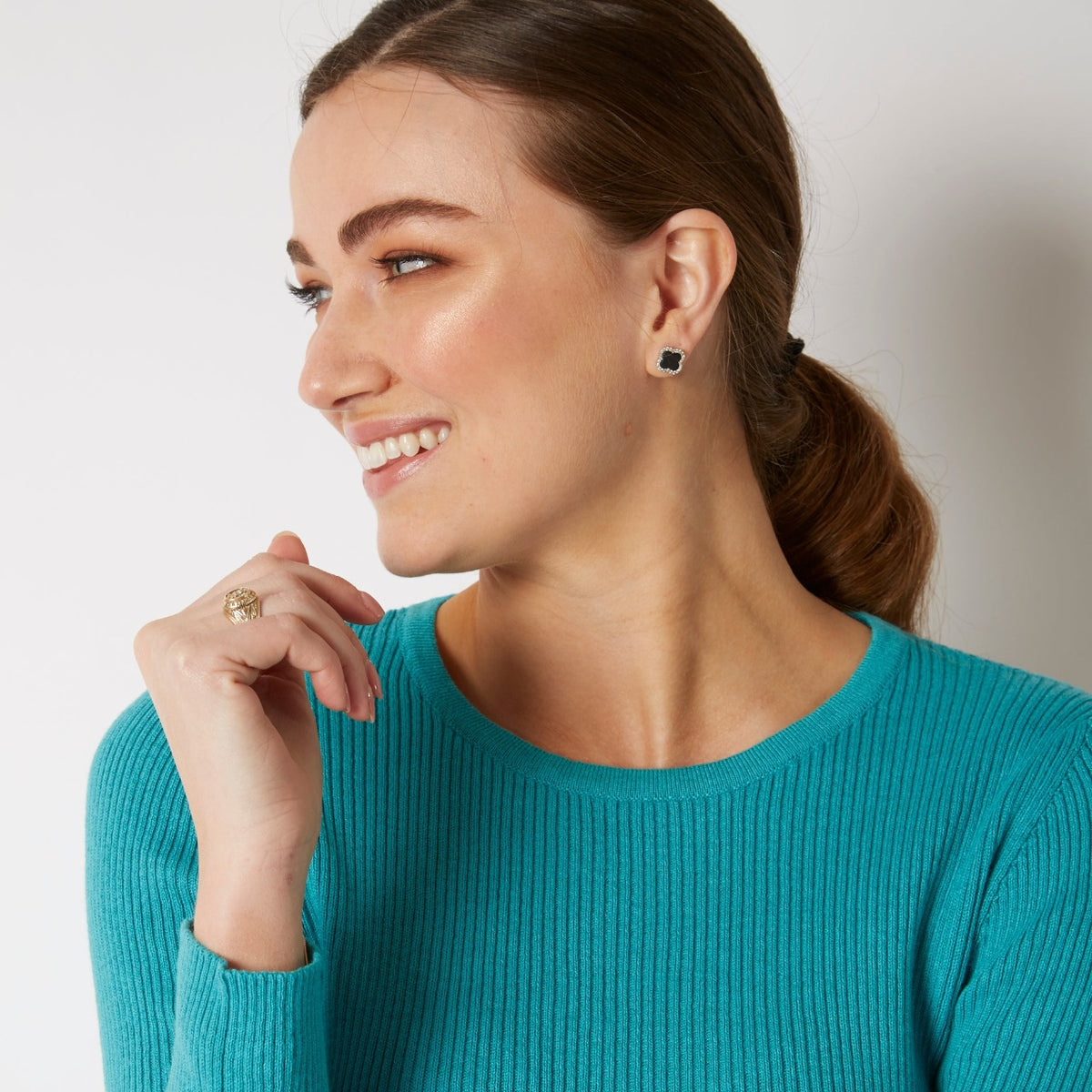 COTTON CASHMERE TURQUOISE RIB CREW